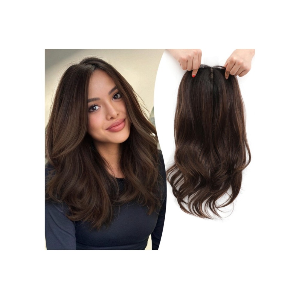 18" Hair Topper Synthetic Wavy Ombre Chocolate Mocha Highlights Brunette Natural